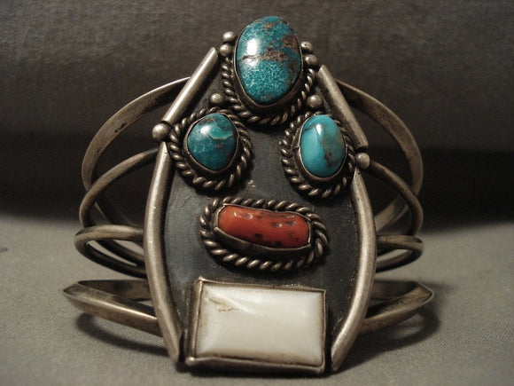 Huge Vintage Navajo Persin Turquoise Native American Jewelry Silver Coral Bracelet-Nativo Arts
