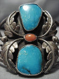 Huge Vintage Navajo Turquoise Coral Sterling Silver Native American Bracelet Old-Nativo Arts