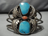 Huge Vintage Navajo Turquoise Coral Sterling Silver Native American Bracelet Old-Nativo Arts
