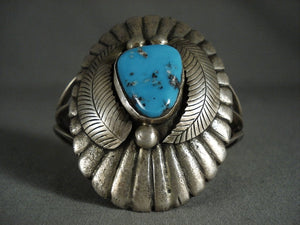 Huge Vintage Navajo 'Turquoise Sheild' Leaves Native American Jewelry Silver Bracelet-Nativo Arts