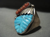 Huge Vintage Zuni 'Turquoise Leaf' Coral Native American Jewelry Silver Ring Old-Nativo Arts