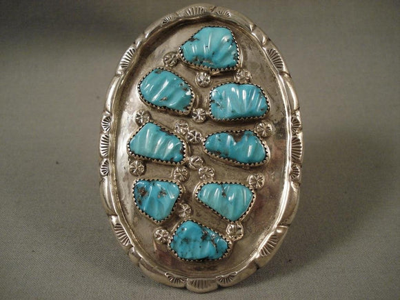 Huge Vintage Zuni leaf Turquoise Native American Jewelry Silver Bracelet-Nativo Arts