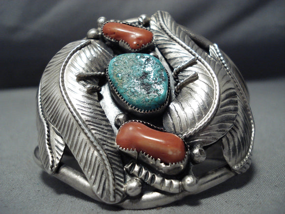 Ideal Detailed Vintage Native American Navajo Turquoise Coral Sterling Silver Leaves Bracelet-Nativo Arts