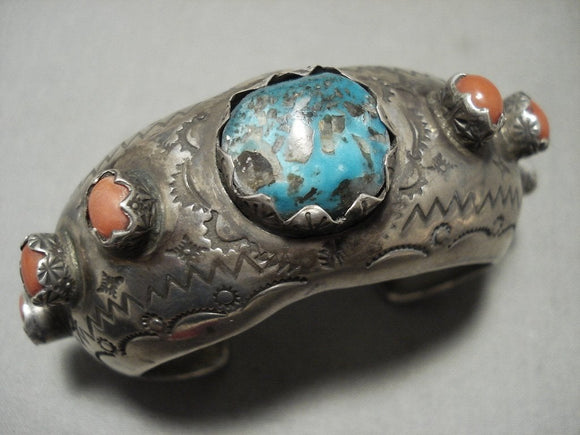 Important Carl And Irene Clark Turquoise Coral Native American Jewelry Silver Vintage Navajo Bracelet-Nativo Arts