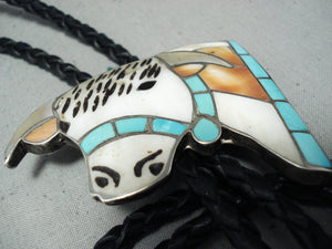 Important Cow Huge Vintage Native American Zuni Turquoise Sterling Silver Bolo Tie Old-Nativo Arts