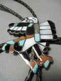 Important Famous Vintage Native American Zuni Turquoise Coral Sterling Silver Bolo Tie Old-Nativo Arts