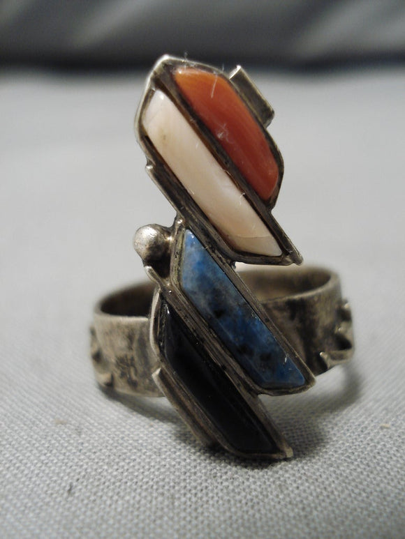 Important Inlay Genius Vintage Native American Navajo Turquoise Inlay Sterling Silver Ring Old-Nativo Arts