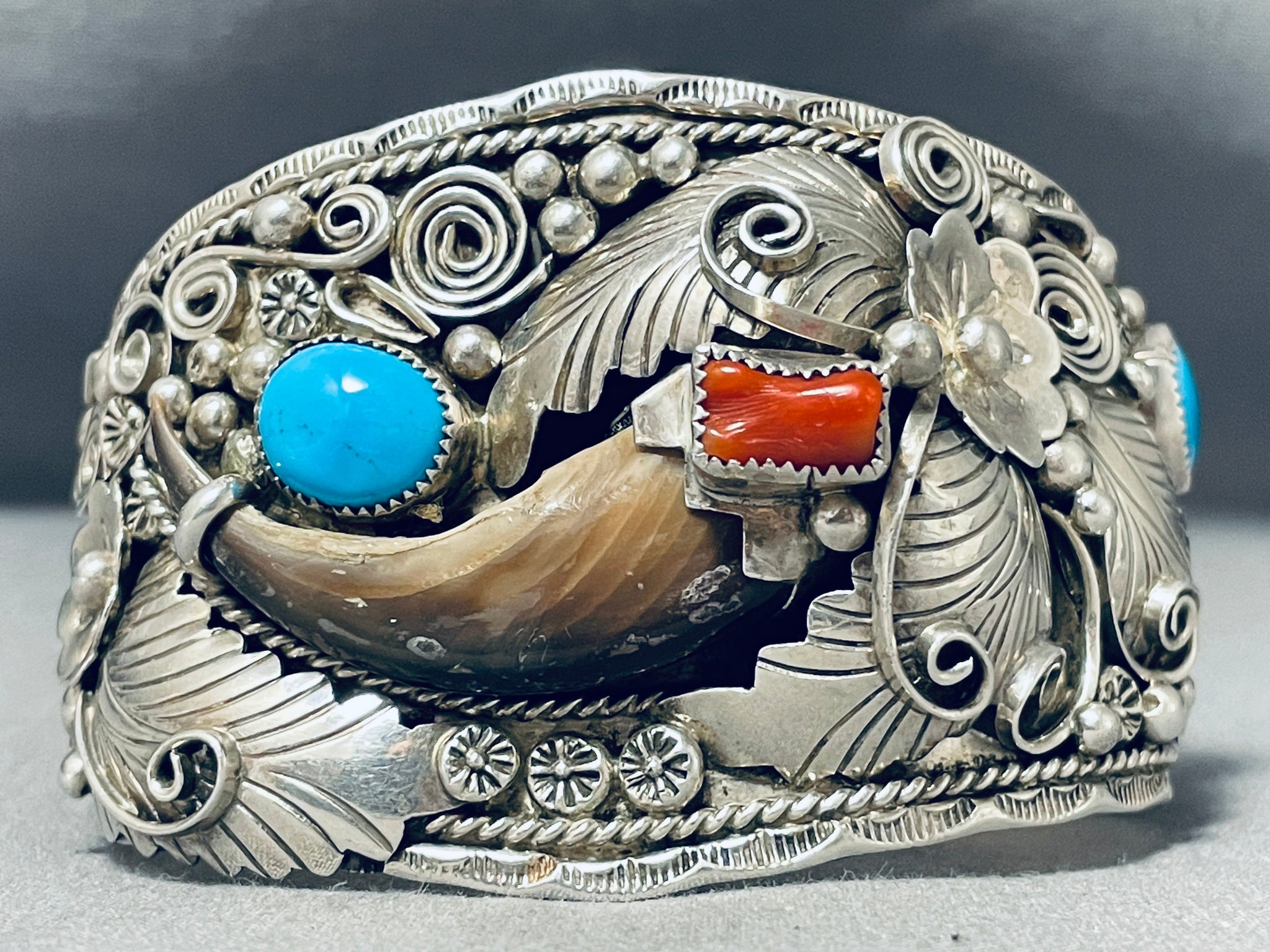 Sterling Silver Native American Turquoise and Coral Belt Buckle by