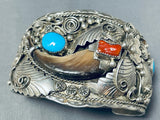 Important Native American Navajo Turquoise Coral Bear Sterling Silver Bracelet-Nativo Arts