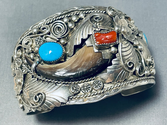 Important Native American Navajo Turquoise Coral Bear Sterling Silver Bracelet-Nativo Arts