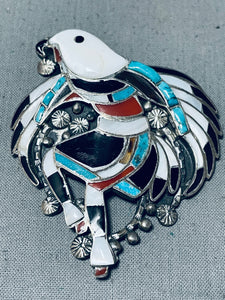 Important Very Detailed Vintage Native American Zuni Turquoise Coral Sterling Silver Pin-Nativo Arts