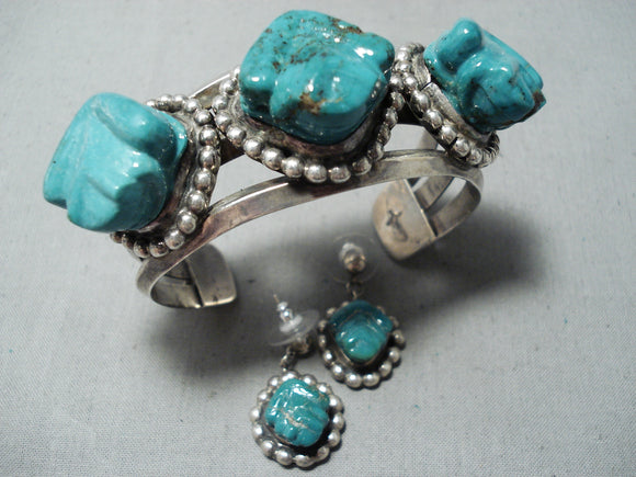 Important Vintage Native American Hopi Turquoise Frog Sterling Silver Bracelet Earrings Set-Nativo Arts