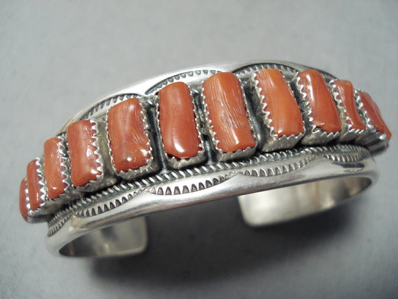 Important Vintage Native American Navajo Coral Signed Sterling Silver Bracelet-Nativo Arts