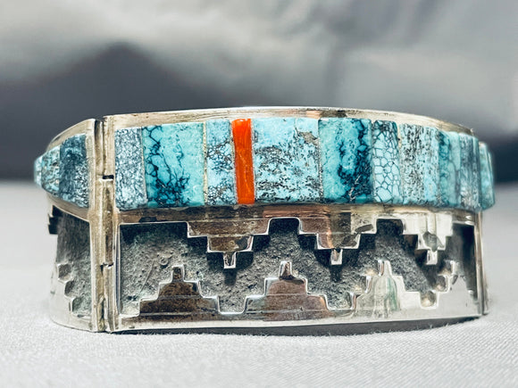 Important Vintage Native American Navajo Turquoise Coral Sterling Silver Clasp Bracelet-Nativo Arts