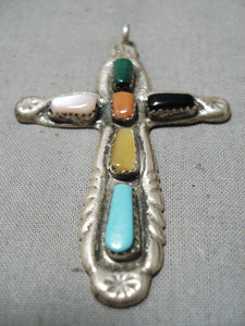Important Vintage Native American Zuni Coral Sterling Silver Cross Pendant Old-Nativo Arts