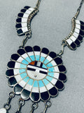Important Vintage Native American Zuni Turquoise Coral Jet Sterling Silver Sunface Necklace-Nativo Arts