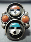 Important Vintage Native American Zuni Turquoise Coral Sterling Silver Sunfaces Ring Old-Nativo Arts