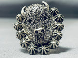 Impressive Native American Navajo Sterling Silver Buffalo Ring-Nativo Arts
