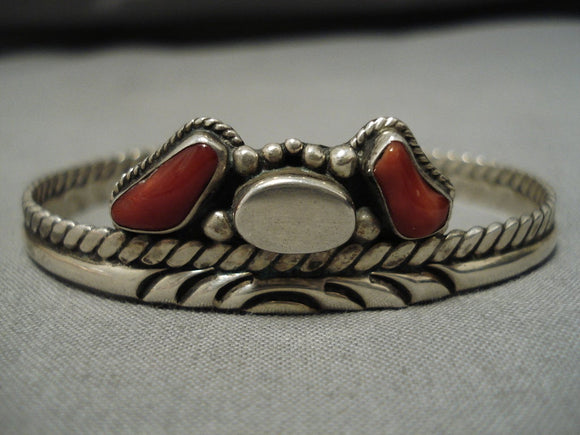 Impressive Vintage Native American Navajo Coral Sterling Silver Teisted Rope Bracelet-Nativo Arts