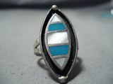 Impressive Vintage Native American Navajo Kingman Turquoise Sterling Silver Ring Old-Nativo Arts