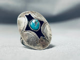Impressive Vintage Native American Navajo Kingman Turquoise Sterling Silver Shadowbox Ring-Nativo Arts