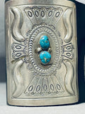 Impressive Vintage Native American Navajo Old Kingman Turquoise Sterling Silver Bowguard-Nativo Arts