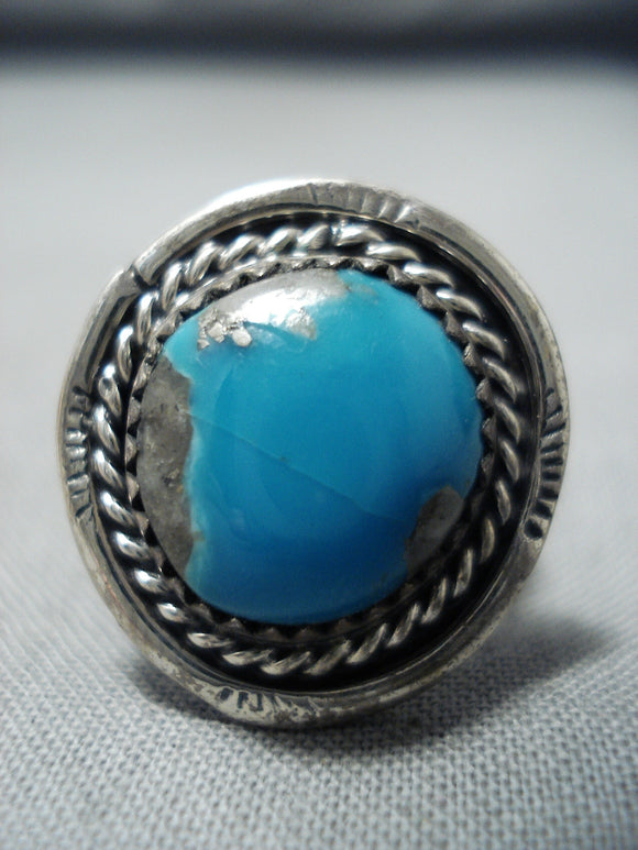 Impressive Vintage Native American Navajo Pilot Mountain Turquoise Sterling Silver Ring Old-Nativo Arts
