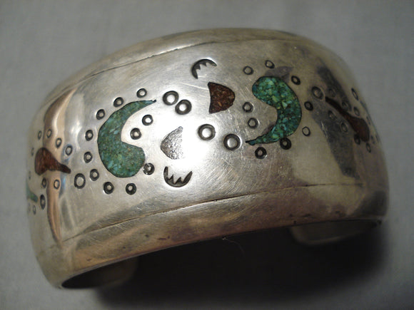 Impressive Vintage Native American Navajo Turquoise & Coral Chip Inlay Silver Bracelet Old-Nativo Arts