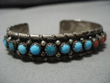 Impressive Vintage Native American Navajo Turquoise Coral Sterling Silver Bracelet Old-Nativo Arts