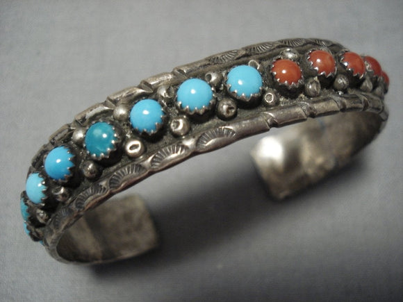 Impressive Vintage Native American Navajo Turquoise Coral Sterling Silver Bracelet Old-Nativo Arts