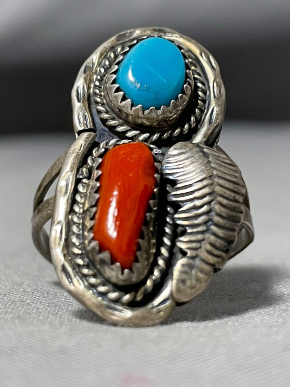 Impressive Vintage Native American Navajo Turquoise Coral Sterling Silver Ring-Nativo Arts