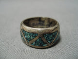 Impressive Vintage Native American Navajo Turquoise Inlay Sterling Silver Ring Old-Nativo Arts