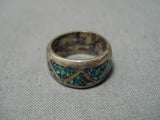 Impressive Vintage Native American Navajo Turquoise Inlay Sterling Silver Ring Old-Nativo Arts