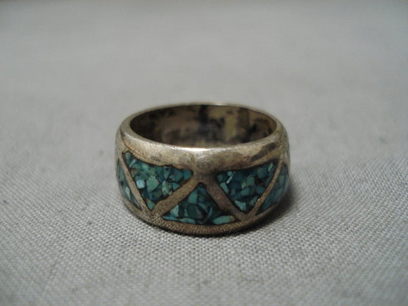 Impressive Vintage Native American Navajo Turquoise Inlay Sterling Silver Ring Old-Nativo Arts
