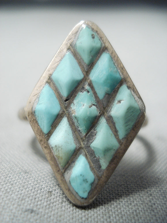 Impressive Vintage Native American Zuni Blue Gem Turquoise Sterling Silver Ring Old-Nativo Arts