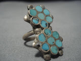 Impressive Vintage Native American Zuni Floral Turquoise Sterling Silver Old Ring Dishta-Nativo Arts