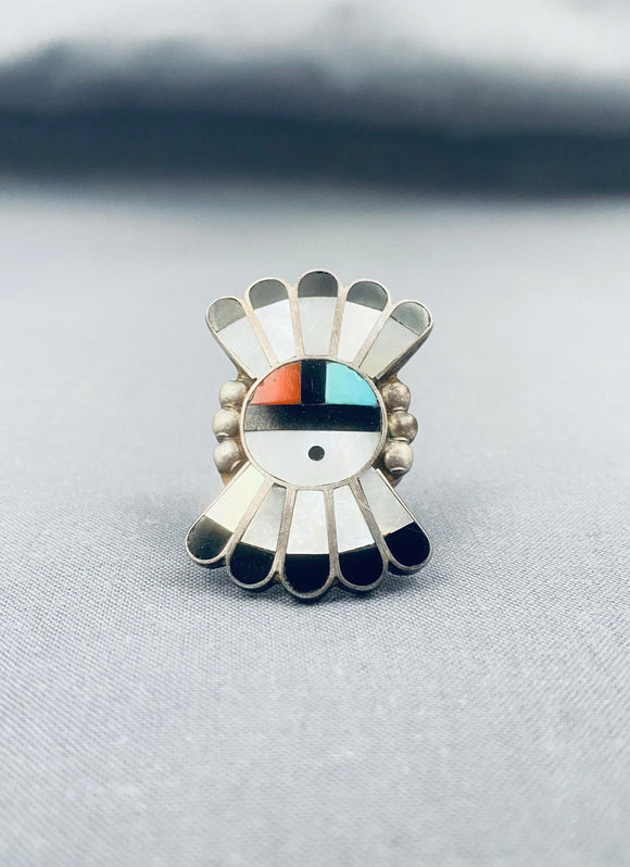 Impressive Vintage Native American Zuni Turquoise Coral Sterling Silver Sunface Inlay Ring-Nativo Arts