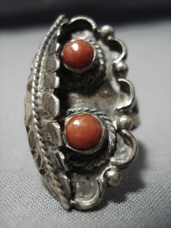 Impressive Vintage Navajo Coral Sterling Silver Native American Ring Old-Nativo Arts