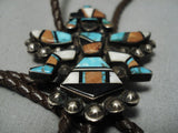 Impressive Vintage Zuni Native American Coral Turquoise Sterling Silver Bolo Tie-Nativo Arts