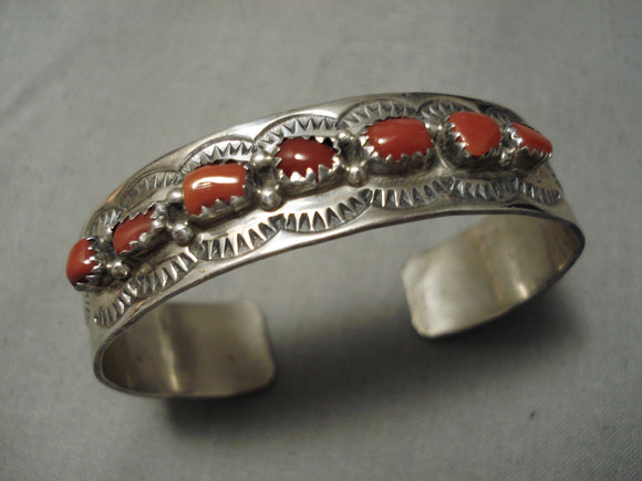 Incredible Jerry Bahe Vintage Native American Navajo Coral Sterling Silver Bracelet-Nativo Arts