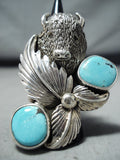 Incredible San Felipe Old Kingman Turquoise Sterling Silver Buffalo Ring-Nativo Arts