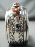Incredible Vintage Native American Navajo Coral Sterling Silver Sun Stamp Bracelet-Nativo Arts