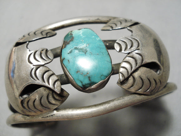 Incredible Vintage Native American Navajo Green Turquoise Sterling Silver Flank Bracelet Old-Nativo Arts