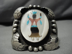 Incredible Vintage Native American Navajo Kachina Sterling Silver Turquoise Bracelet Old-Nativo Arts