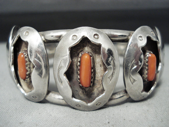 Incredible Vintage Native American Navajo Long Coral Sterling Silver Bracelet-Nativo Arts