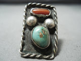 Incredible Vintage Native American Navajo Royston Turquoise Coral Sterling Silver Ring Old-Nativo Arts