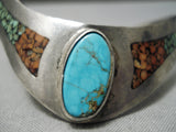 Incredible Vintage Native American Navajo Turquoise Coral Sterling Silver Inlay Wave Bracelet-Nativo Arts