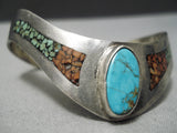 Incredible Vintage Native American Navajo Turquoise Coral Sterling Silver Inlay Wave Bracelet-Nativo Arts