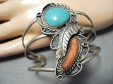 Incredible Vintage Native American Navajo Turquoise Coral Sterling Silver Leaf Bracelet Old-Nativo Arts