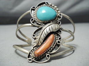 Incredible Vintage Native American Navajo Turquoise Coral Sterling Silver Leaf Bracelet Old-Nativo Arts